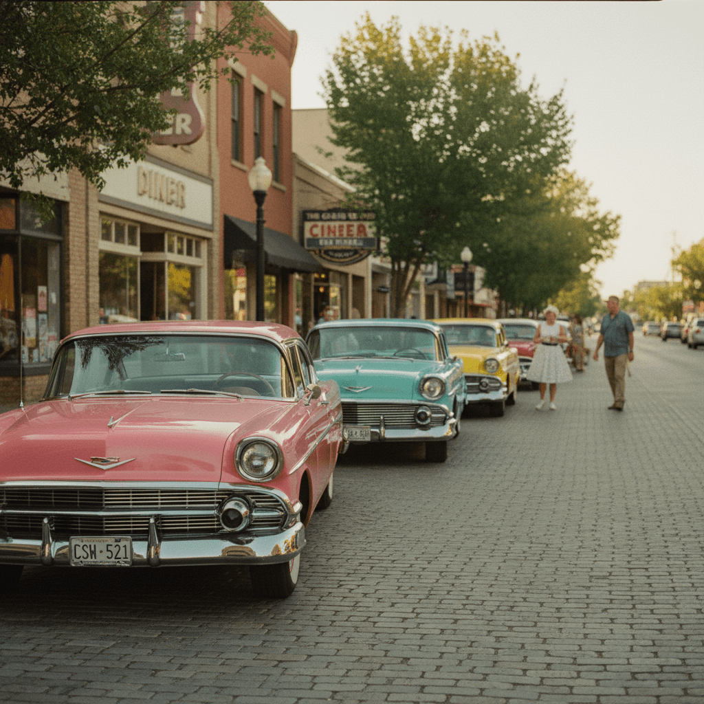 1950s and 60s classic cars on Historic Main Street