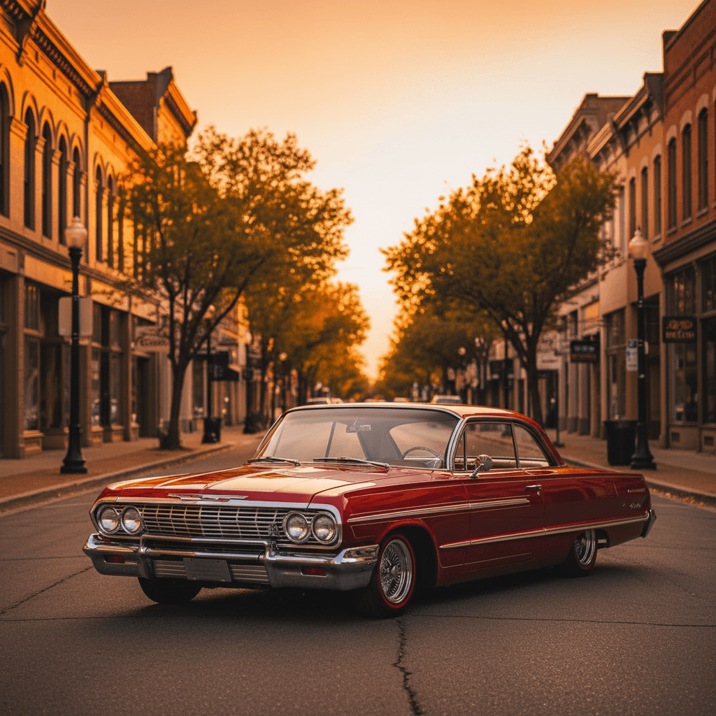 Vintage lowrider car on Historic Main Street at golden hour