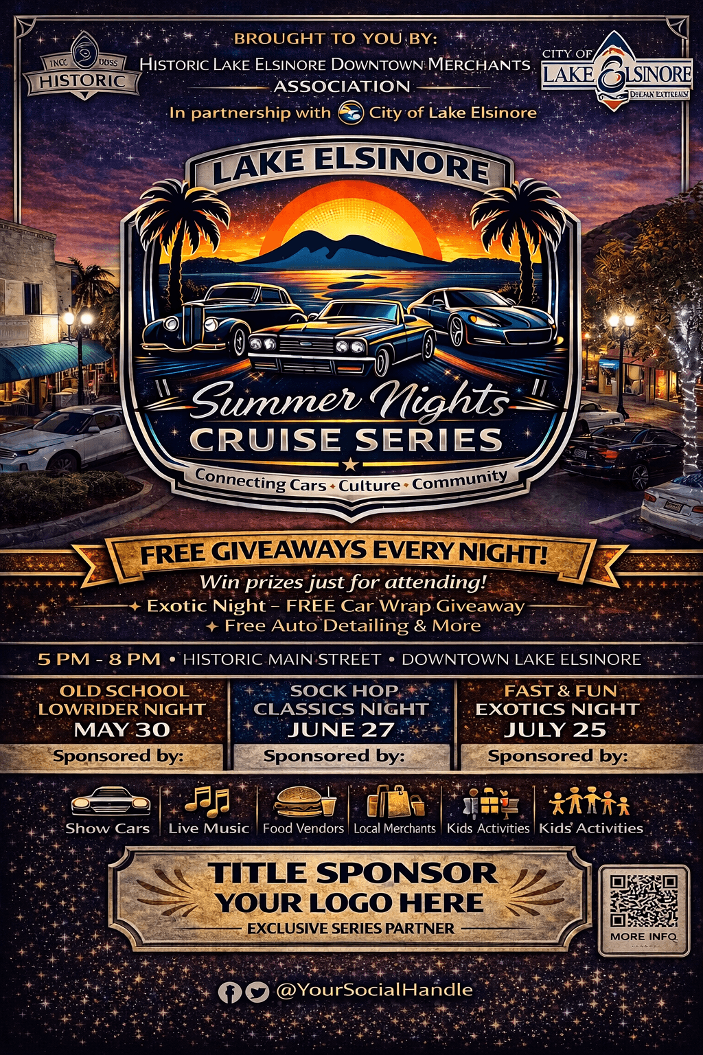 Lake Elsinore Summer Nights Cruise Series poster featuring classic cars, sunset, and monthly event details.