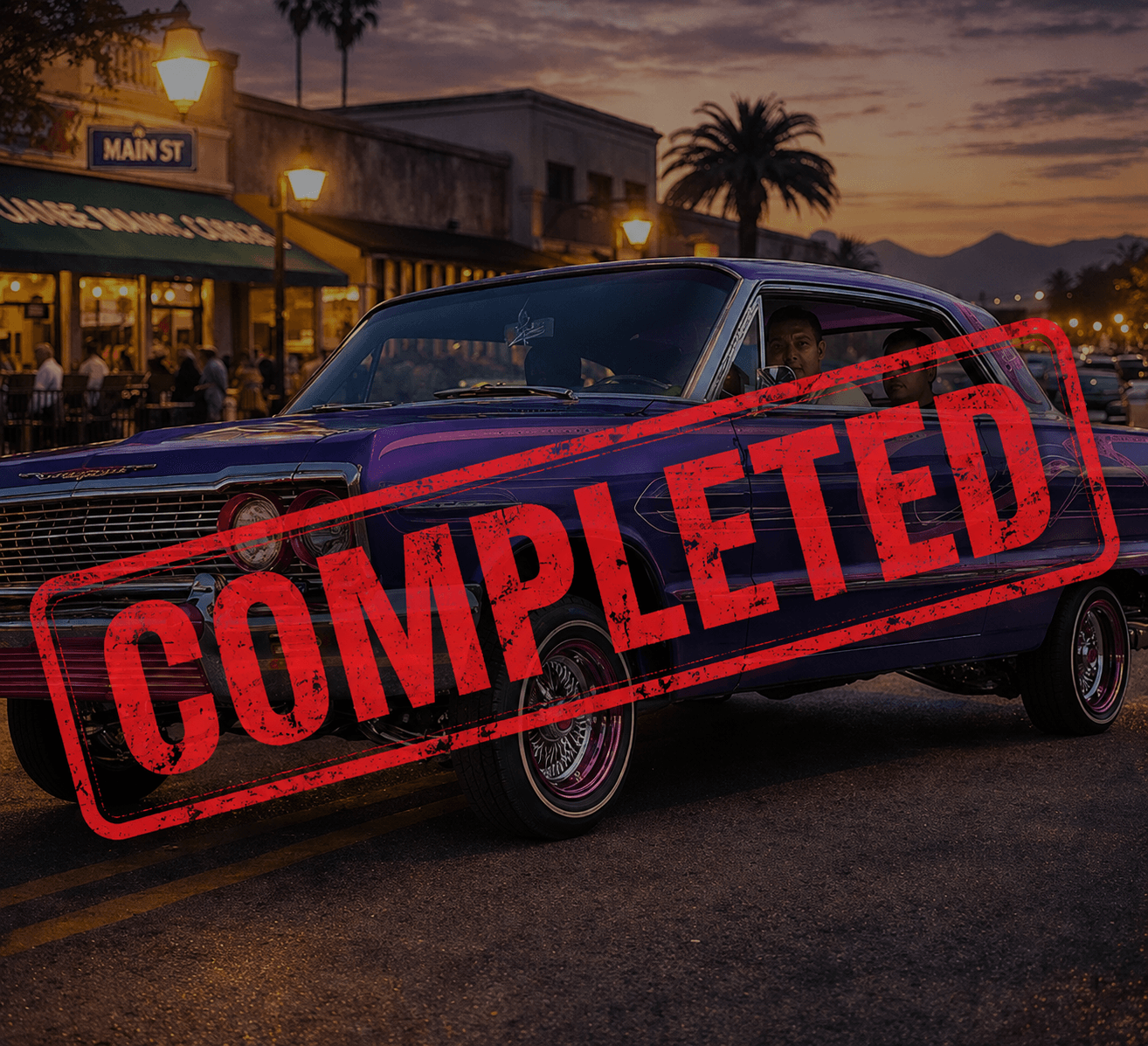 Purple lowrider car on a city street at dusk with a red COMPLETED stamp overlay.