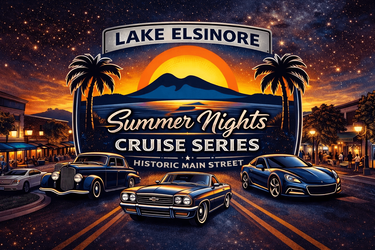 Lake Elsinore Summer Nights Cruise Series poster featuring vintage and modern cars on main street.