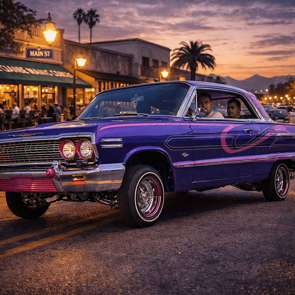 Vibrant purple lowrider with pink pinstriping cruising down a city street at sunset.