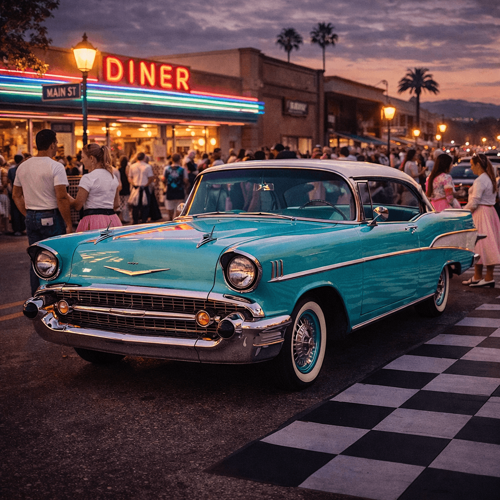 Turquoise 1957 Chevrolet parked outside a neon-lit retro diner with people in vintage attire.