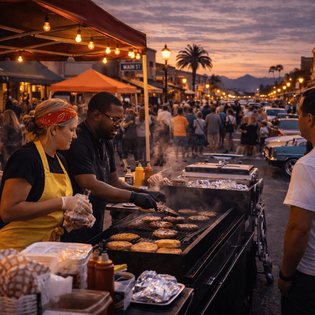 Two vendors grill burgers at a crowded evening street fair under a vibrant sunset sky.