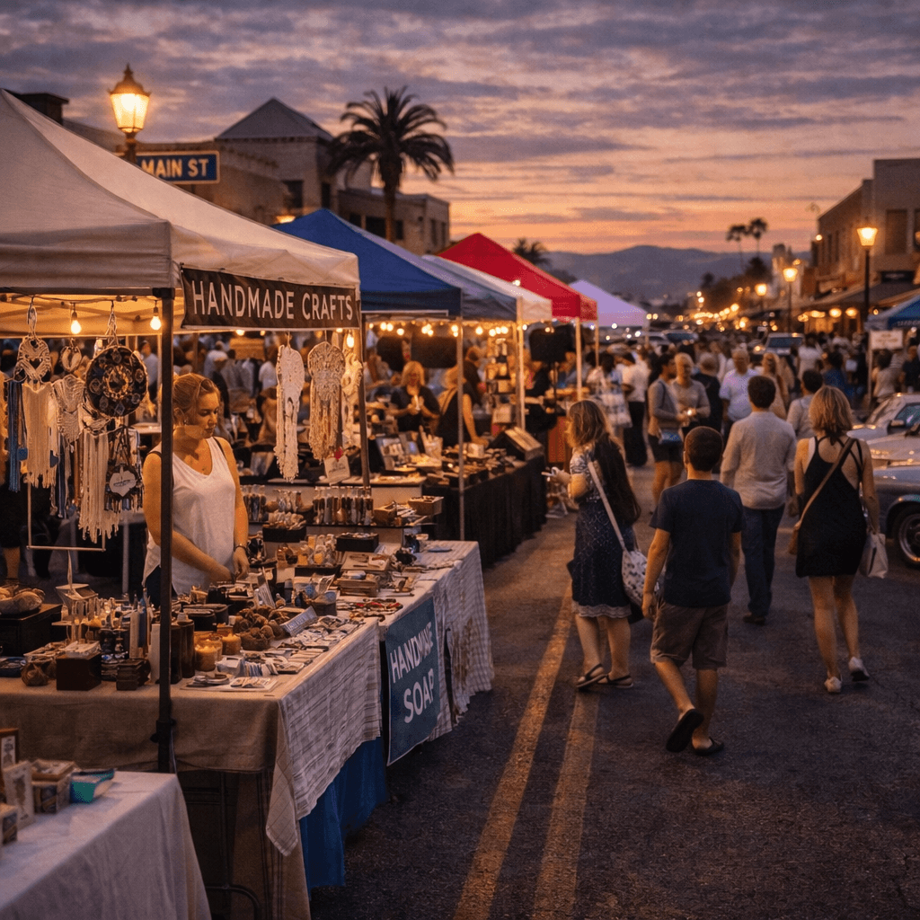 Bustling evening street fair with colorful tents selling handmade crafts under a sunset sky.