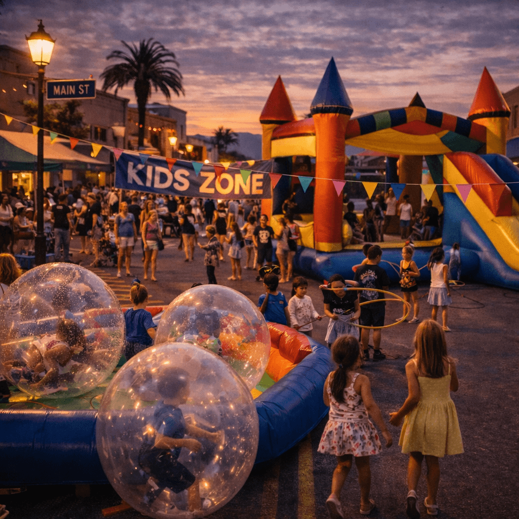 Children play in inflatable bubbles and a bouncy castle at a vibrant sunset street festival.